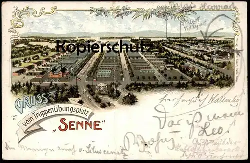 ALTE LITHO POSTKARTE GRUSS VOM TRUPPENÜBUNGSPLATZ SENNE Sennelager Paderborn barracks casern caserne Kaserne AK postcard