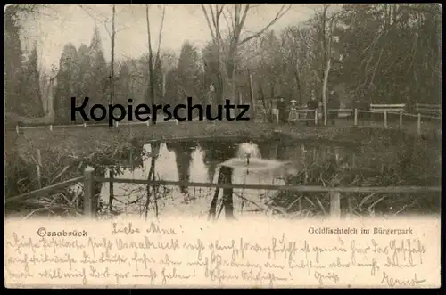 ALTE POSTKARTE OSNABRÜCK GOLDFISCHTEICH IM BÜRGERPARK 1903 Uniform Polizist Familie uniforme Ansichtskarte cpa postcard