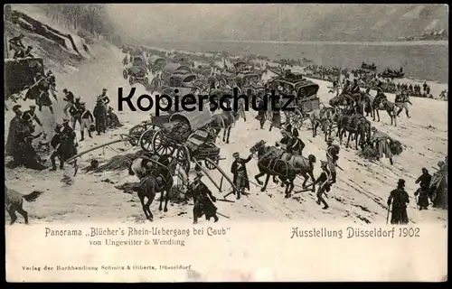 ALTE POSTKARTE KAUB CAUB BLÜCHER RHEINÜBERGANG PANORAMA AUSSTELLUNG DÜSSELDORF 1902 Pferd Kutsche Uniform Ansichtskarte