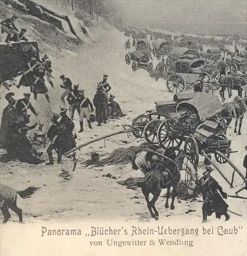ALTE POSTKARTE KAUB CAUB BLÜCHER RHEINÜBERGANG PANORAMA AUSSTELLUNG DÜSSELDORF 1902 Pferd Kutsche Uniform Ansichtskarte