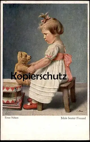 ALTE POSTKARTE MEIN BESTER FREUND SIGN. ERNST NELSON Teddy Bär Trommel child enfant bear ours oso nounours drum tambour