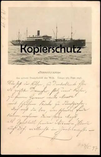 POSTKARTE PENNSYLVANIA DAMPFER 1897 DAS GRÖSSTE DAMPFSCHIFF Steam Ship Steamer bateau à vapeur Hamburg-Amerika-Linie cpa