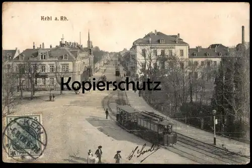 ALTE POSTKARTE KEHL STRASSENBAHN MIT ANZEIGE BAHNHOF Tram Tramway Lampione Lantern Stamp on front postcard Ansichtskarte