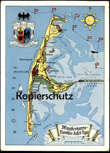 ÄLTERE POSTKARTE SYLT WANDERKARTE LANDKARTE carte des randonnées map of trails Nordsee North Sea Mer du nord postcard AK