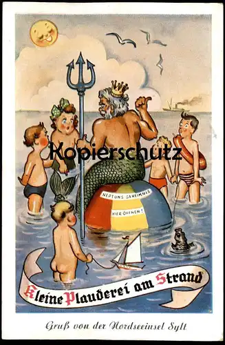 ÄLTERE POSTKARTE GRUSS VON SYLT NEPTUN KLEINE PLAUDEREI AM STRAND Fisch Kind enfant child Leporello carte a systeme cpa