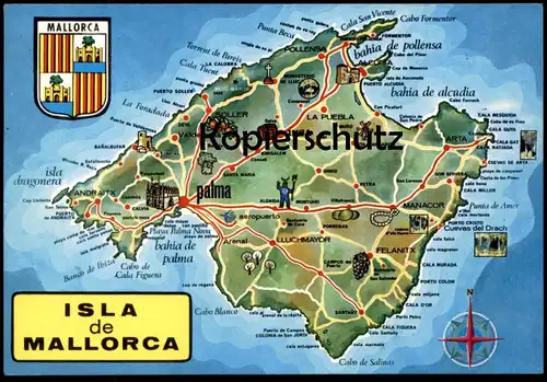 ÄLTERE POSTKARTE ISLA DE MALLORCA MAP Landkarte Carte Géographique Palma Inca Manacor Blason Wappen Cuevas Cave Höhle AK