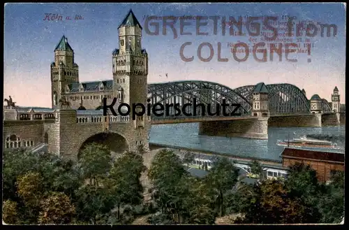 ALTE POSTKARTE GREETINGS FROM COLOGNE KÖLN HOHENZOLLERNBRÜCKE Cöln Rheinuferbahn Tram Tramway Ansichtskarte postcard cpa