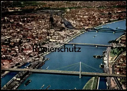 ÄLTERE POSTKARTE KÖLN LUFTBILD VOGELSCHAU Brücken Bahnhof Station Gare Dom Cöln Cologne Rhein Rhin Rijn Bridge Schiff