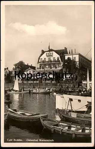 ALTE POSTKARTE ROSTOCK WARNEMÜNDE CAFÉ KONDITOREI BECHLIN Hafen Boote cpa postcard AK Ansichtskarte