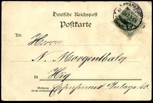 ALTE LITHO POSTKARTE GRUSS AUS FRANKFURT 1897 OPERNHAUS KAISER WILHELM DENKMAL Verlag Klement Ansichtskarte cpa postcard
