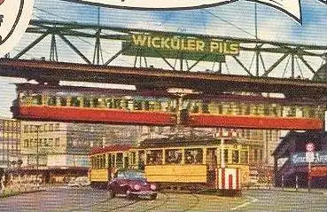 ÄLTERE POSTKARTE WUPPERTAL ELBERFELD SCHWEBEBAHN ZUG TRAIN TRAMWAY WICKÜLER PILS Bier Beer bière Schwimmbad Bad postcard