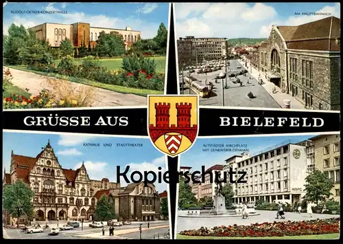 ÄLTERE POSTKARTE BIELEFELD KONZERTHALLE THEATER HAUPTBAHNHOF LEINEWEBER DENKMAL Monument Wappen Blason Coat of arms AK