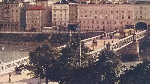 ALTE KÜNSTLER POSTKARTE SALZBURG AUSTRIA STAATSBRÜCKE MIT STRASSENBAHN Tram Tramway Straßenbahn Huttegger Ansichtskarte