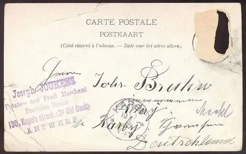 ALTE POSTKARTE ANVERS LA GRAND PLACE ANTWERPEN STEMPEL JOSEPH JOUKENS POTATOES AND FRUIT MERCHAND 2d OLD DOCK cpa AK