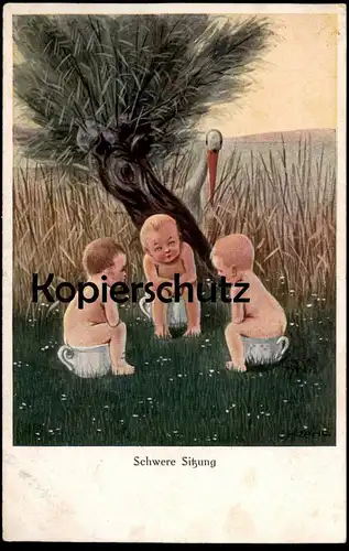 ALTE POSTKARTE SCHWERE SITZUNG HUMOR Humour Enfant Enfants Bébé Baby Pot de chambre Cigogne Stork Nachttopf Chamber pot