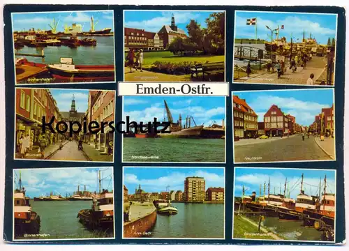 ÄLTERE POSTKARTE EMDEN HAFEN DELFT NEUTORSTRASSE BRÜCKSTRASSE BINNENHAFEN NORDSEEWERKE Frachtschiff Schiff cargo ship AK