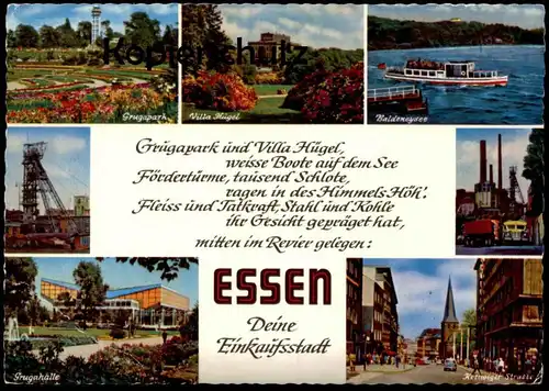 ÄLTERE POSTKARTE ESSEN DEINE EINKAUFSSTADT GEDICHT GRUGAPARK UND VILLA HÜGEL poem poème Zeche Mine Fördertum coal-mine