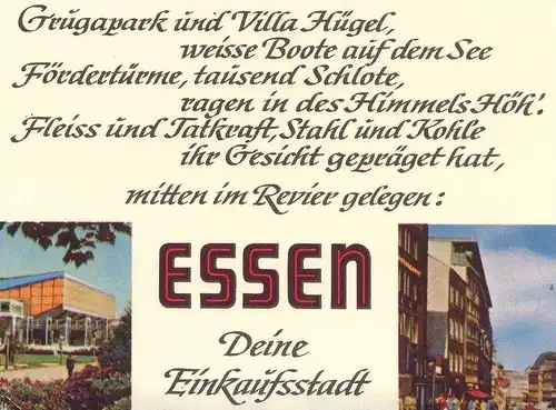 ÄLTERE POSTKARTE ESSEN DEINE EINKAUFSSTADT GEDICHT GRUGAPARK UND VILLA HÜGEL poem poème Zeche Mine Fördertum coal-mine
