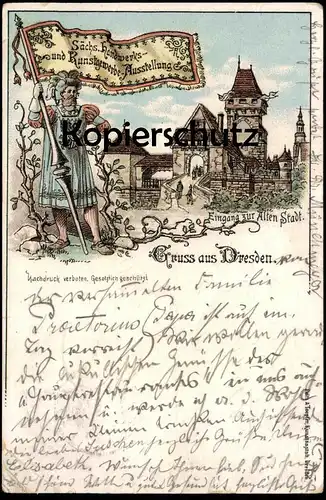 ALTE LITHO POSTKARTE GRUSS AUS DRESDEN 1896 SÄCHSISCHE HANDWERKS- & KUNSTGEWERBEAUSSTELLUNG EINGANG ZUR ALTEN STADT AK