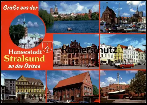 POSTKARTE HANSESTADT STRALSUND AN DER OSTSEE Toyota Starlet Nissan Micra Opel Kadett Volkswagen Passat VW car postcard