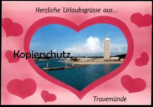 ÄLTERE POSTKARTE HERZLICHE URLAUBSGRÜSSE AUS TRAVEMÜNDE HAFEN HERZ HERZEN heart coeur Lübeck Ansichtskarte cpa postcard
