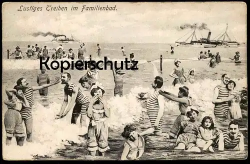 ALTE POSTKARTE LUSTIGES TREIBEN IM FAMILIENBAD Heringsdorf Dampfer Steam Fotomontage Montage Photo Surrealisme Usedom