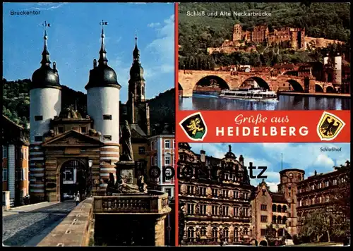 POSTKARTE GRÜSSE AUS HEIDELBERG AM NECKAR BRÜCKENTOR SCHLOSS NECKARBRÜCKE Tor Wappen coat of arms castle bridge postcard