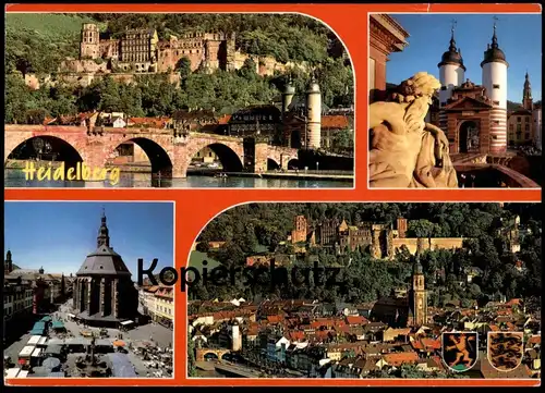 POSTKARTE HEIDELBERG SCHLOSS NECKAR BRÜCKE MARKT market marché Wappen castle chateau bridge pont postcard Ansichtskarte