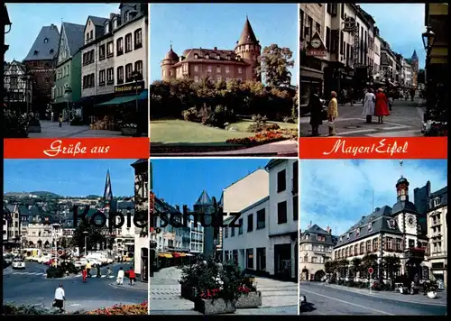 ÄLTERE POSTKARTE GRÜSSE AUS MAYEN EIFEL GENOVEVABURG FUSSGÄNGERZONE Bayer Korb Bazar Franz Taxi Cab Caspari Zilliken