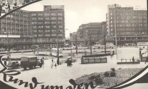 ÄLTERE POSTKARTE BERLIN RUND UM DEN ALEX VOLKSBÜHNE PAVILLON-AUSSTELLUNG RUINE KLOSTERKIRCHE Tramway LKW Pickup Truck AK