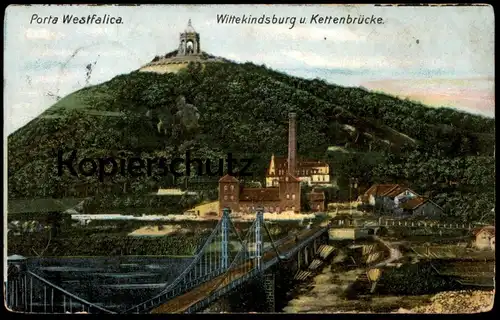 ALTE POSTKARTE PORTA WESTFALICA BEI MINDEN WITTEKINDSBURG UND KETTENBRÜCKE HOLZLAGER Holzstämme Holz wood bois postcard