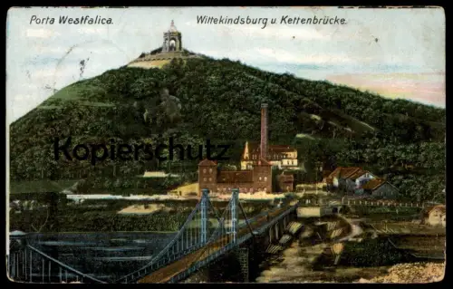 ALTE POSTKARTE PORTA WESTFALICA BEI MINDEN WITTEKINDSBURG UND KETTENBRÜCKE HOLZLAGER Holzstämme Holz wood bois postcard