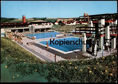 POSTKARTE PLEYSTEIN SCHWIMMBAD Freibad Sprungturm open air swimming pool piscine bassin bath diving platform plongeoir