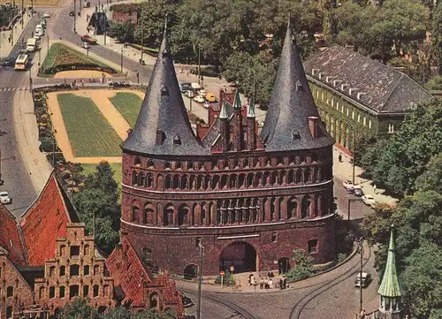 ÄLTERE POSTKARTE LÜBECK BLICK AUF HOLSTENTOR & SALZSPEICHER LUFTBILD TOR 1963 Gate Porte cpa postcard AK Ansichtskarte