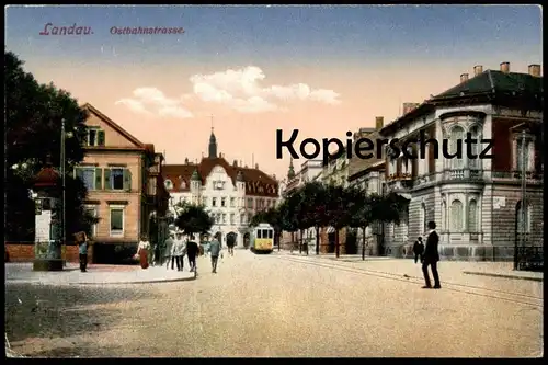 ALTE POSTKARTE LANDAU OSTBAHNSTRASSE 1918 STRASSENBAHN tram tramway Strassenbahn Litfasssäule postcard cpa Ansichtskarte
