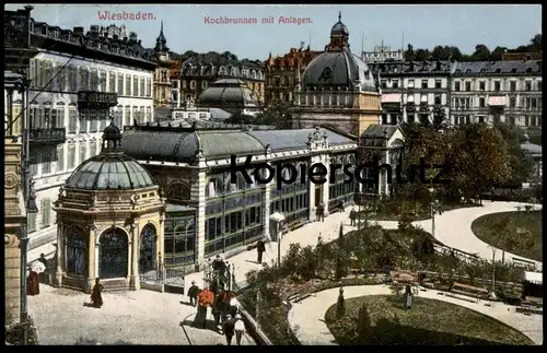 ALTE POSTKARTE WIESBADEN KOCHBRUNNEN MIT ANLAGEN 1911 F. WIRTH postcard cpa Ansichtskarte AK