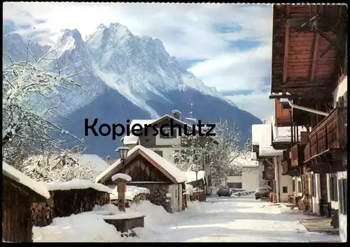 POSTKARTE GARMISCH-PARTENKIRCHEN FRÜHLINGSSTRASSE GEGEN ZUGSPITZE IM WINTER Schnee Snow neige cpa postcard Ansichtskarte