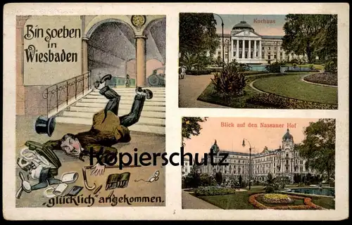 ALTE POSTKARTE HUMOR HUMOUR IRONIE BIN SOEBEN IN WIESBADEN GLÜCKLICH ANGEKOMMEN cpa postcard AK Ansichtskarte
