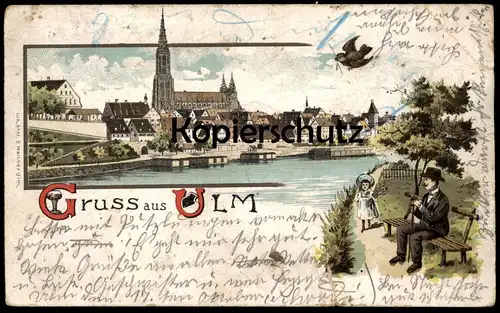 ALTE LITHO POSTKARTE GRUSS AUS ULM Vogel Kind Mann Hut Bowler hat Melone Chapeau melon bird child cpa postcard AK