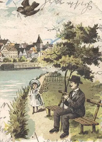 ALTE LITHO POSTKARTE GRUSS AUS ULM Vogel Kind Mann Hut Bowler hat Melone Chapeau melon bird child cpa postcard AK
