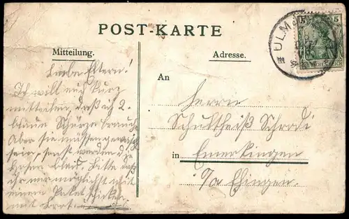 ALTE LITHO POSTKARTE GRUSS AUS ULM Vogel Kind Mann Hut Bowler hat Melone Chapeau melon bird child cpa postcard AK