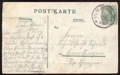 ALTE LITHO POSTKARTE GRUSS AUS ULM Vogel Kind Mann Hut Bowler hat Melone Chapeau melon bird child cpa postcard AK