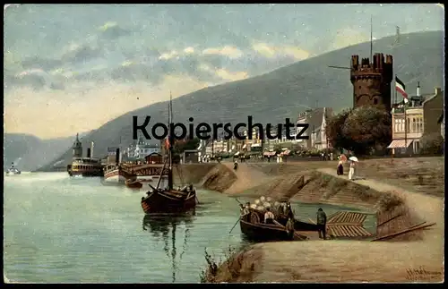 ALTE LITHO KÜNSTLER POSTKARTE RÜDESHEIM PANORAMA FRACHTSCHIFF SIGN. HEINRICH HOFFMANN MALER cpa postcard Ansichtskarte