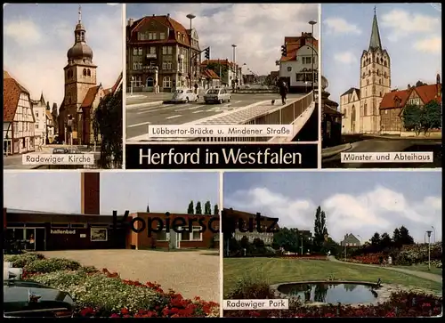 ÄLTERE POSTKARTE HERFORD IN WESTFALEN HALLENBAD RADEWIGER KIRCHE PARK LÜBBERTOR VW Volkswagen Käfer Kirche cpa postcard
