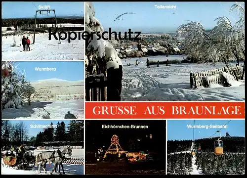 ÄLTERE POSTKARTE BRAUNLAGE BRUNNEN SCHLITTENFAHRT Schlitten Luge Sleigh Schnee Snow Neige Ski skiing skier skis Seilbahn