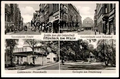 ÄLTERE POSTKARTE LEDERSTADT OFFENBACH Bahnhof Tram Straßenbahn Tramway Kaufhof Dugena Uhr Lederwaren Messehalle gare