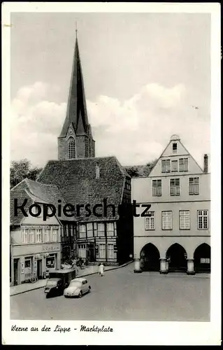 ALTE POSTKARTE WERNE AN DER LIPPE MARKTPLATZ MIT KONSUM GOLIATH GD 750 TRANSPORTER LKW truck pickup VW Käfer postcard