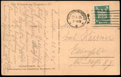 ALTE POSTKARTE ALTE WEBSTUBE AUS EMSDETTEN HEIMATBUND EMSDETTEN Webstuhl Loom Métier à tisser cpa postcard Ansichtskarte