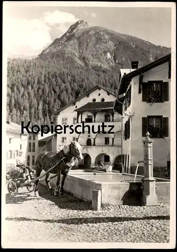 ALTE POSTKARTE PARTIE AUS SCHULS DORFPLATZ FONTAINE SCUOL PFERD BRUNNEN KARREN fountain horse cheval Graubünden postcard