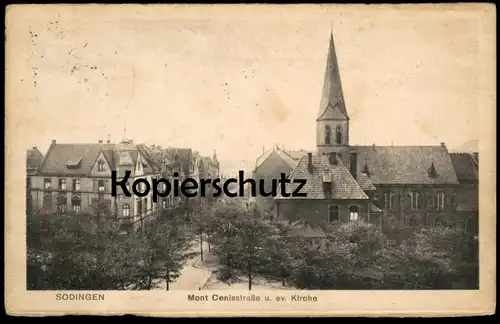 ALTE POSTKARTE HERNE SODINGEN MONT CENISSTRASSE UND EVANGELISCHE KIRCHE MONT-CENIS-STRASSE Ansichtskarte AK postcard cpa